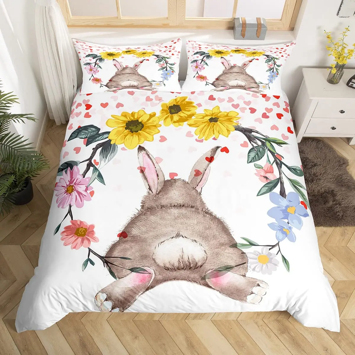 Cute Rabbit Duvet Cover Watercolor Sketch of Sleeping Single White Easter Bunny Room Decorative Bedding Set for Girls Children