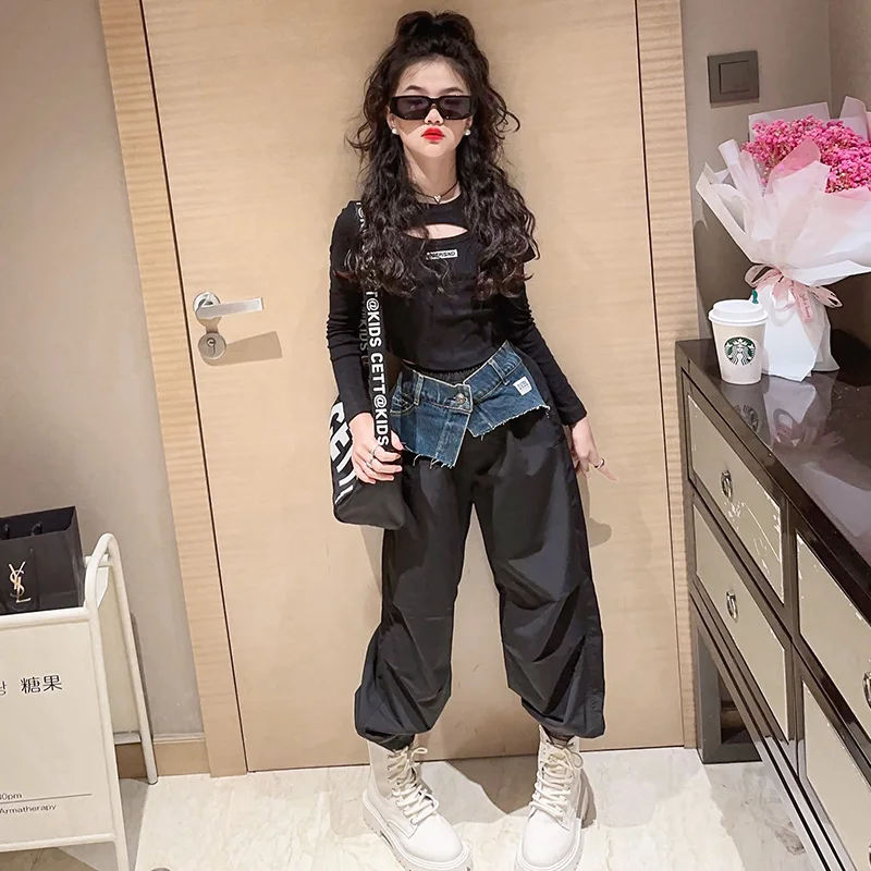 Hip Hop Kids Clothes Girls Sets Slim T-shirt Tops High Waist Black Denim Wide Leg Pants Jazz Girl Dance Suits Spring Autumn 2024