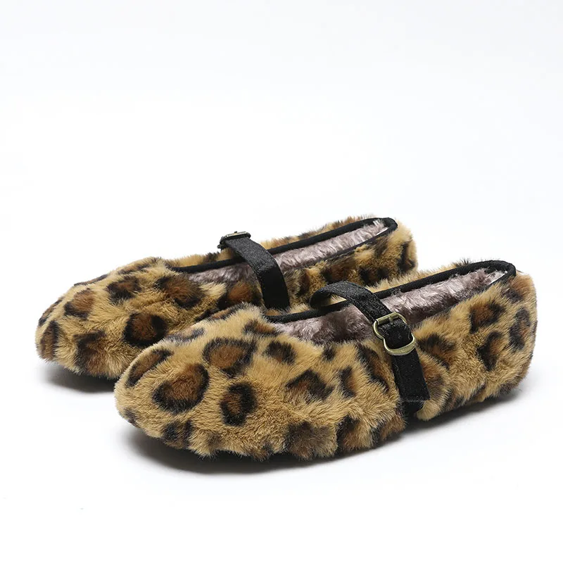 TRAF Leopard Plush Texture Flat Shoes For Woman Round Head Buckle Shallow Mouth Winter Shoe Women Cute Animal Print Warm Shoes