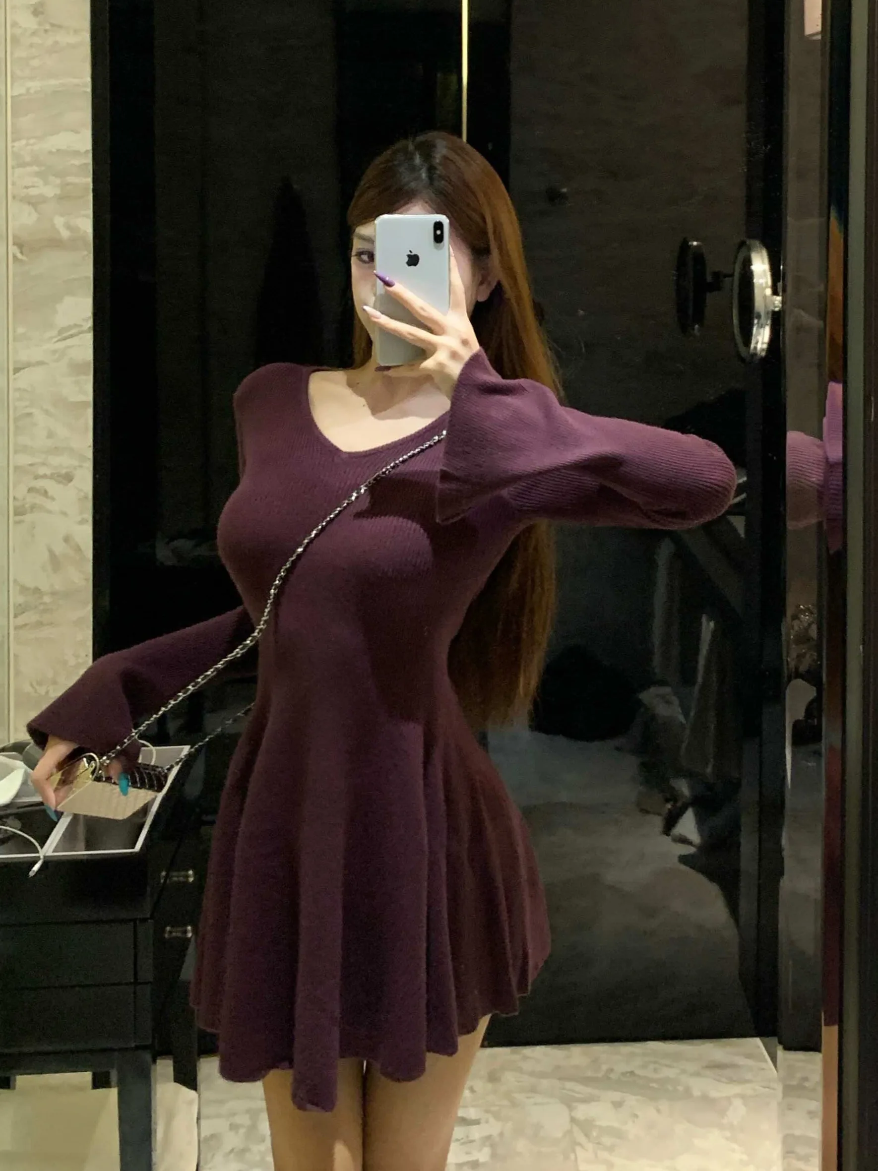 Ele V-ne Long Sve Knitted Dr レディース スリムフィット ウエストシェイプ Dr ジェントルウィンド Sle 通勤 韓国版