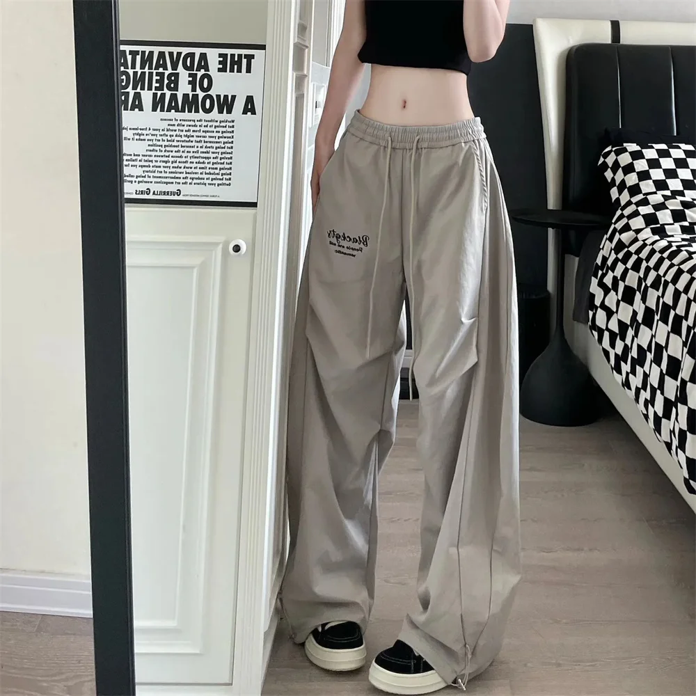 Baggy Parachute Pants Women Y2K Vintage Adjustable Drawstring Wide Leg Cargo Pants Casual Embroidered Street Oversized Trousers