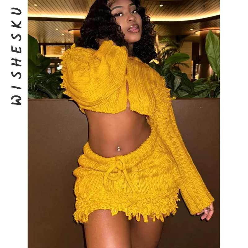 

Tassel Knit Sexy 2 Piece Sets Women Outfit Long Sleeve Cardigan Crop Top + Bodycon Mini Skirts Suit Hot Girl Streetwear