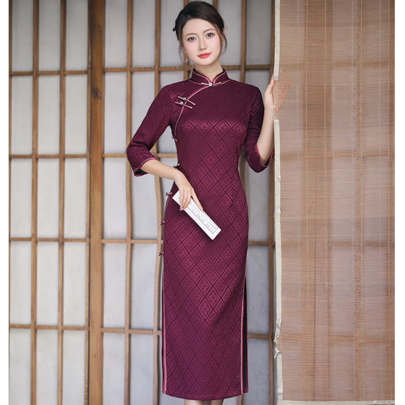 Autumn Winter Champagne Vintage Ethnic Style Wedding Mother Banquet Qipao Women's Long Tight Mandarin Collar Elegant Vestidos