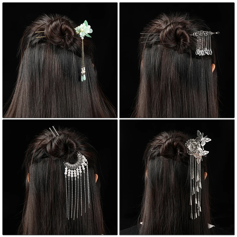 AWAYTR Fashion Metal Hanfu Hair Sticks for Women Tassel Hair Clip Pins Minimalist U Shape Girls Hairpins Hair Bun Headwear