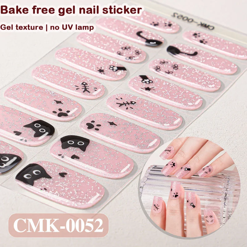 Cartoon Cat & Romantic Flower Gel Nail Wraps Semi‑Cured Full Cover Self‑Adhesive Nail Stickers No UV Light Home Salon Manicure