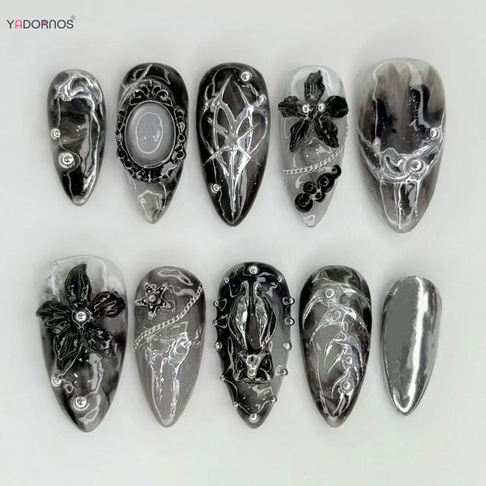 24pcs Vintage Frame Fake Nails Smudging Black Flower Printed Metal Rabbit Decor Press On Nails Punk Style Almond False Nail