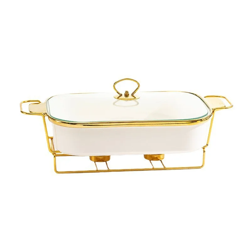 DSA rectangular binaural ceramic baking pan with lid iron frame light luxury hotel tableware candle heating household dry pot