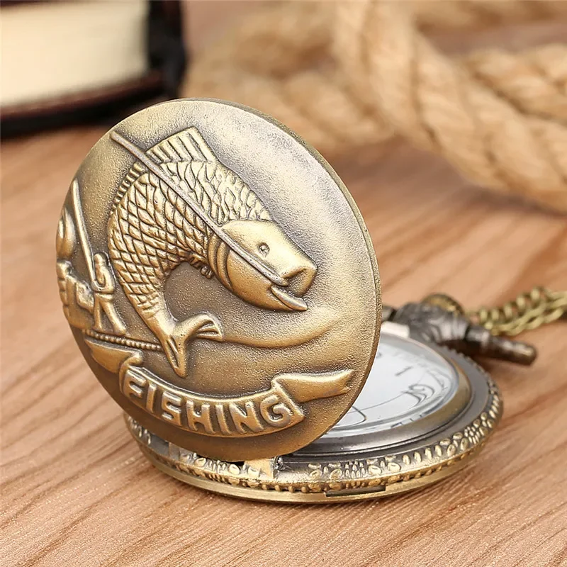 Antique 3D Fish Design Men Women Fishing Quartz Analog Pocket Watch Sweater Necklace Chain Timepiece Arabic Number Clock Reloj