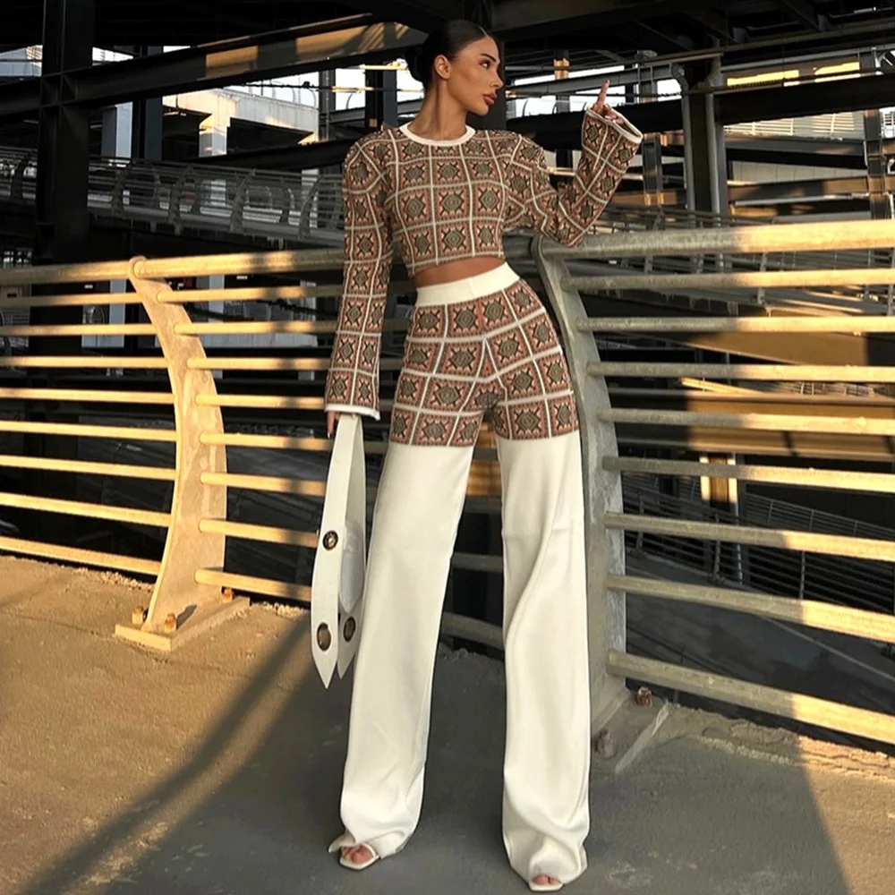 

Весенний женский комплект: брюки с высокой талией, прямые брюки, спортивный костюм, топ с длинными рукавами в богемном этническом стиле с принтом в клетку