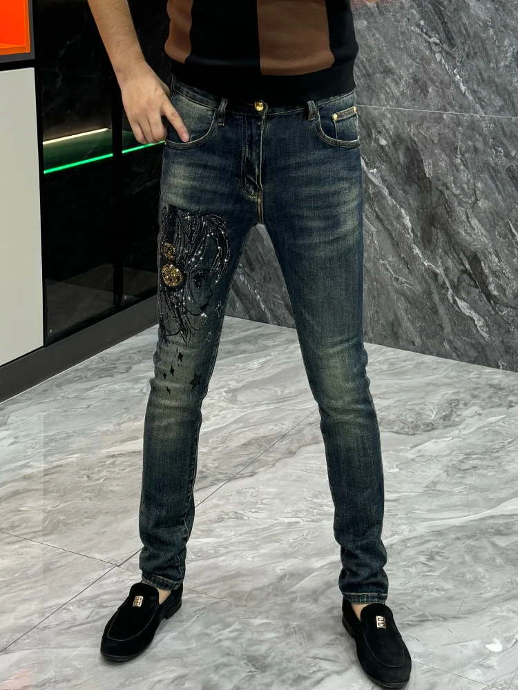 

Fashionable Slim Fit Men's Jeans with Rhinestones Spring Summer Blue Small Foot Pants Youth Trendy Versatile Handsome Long Pants