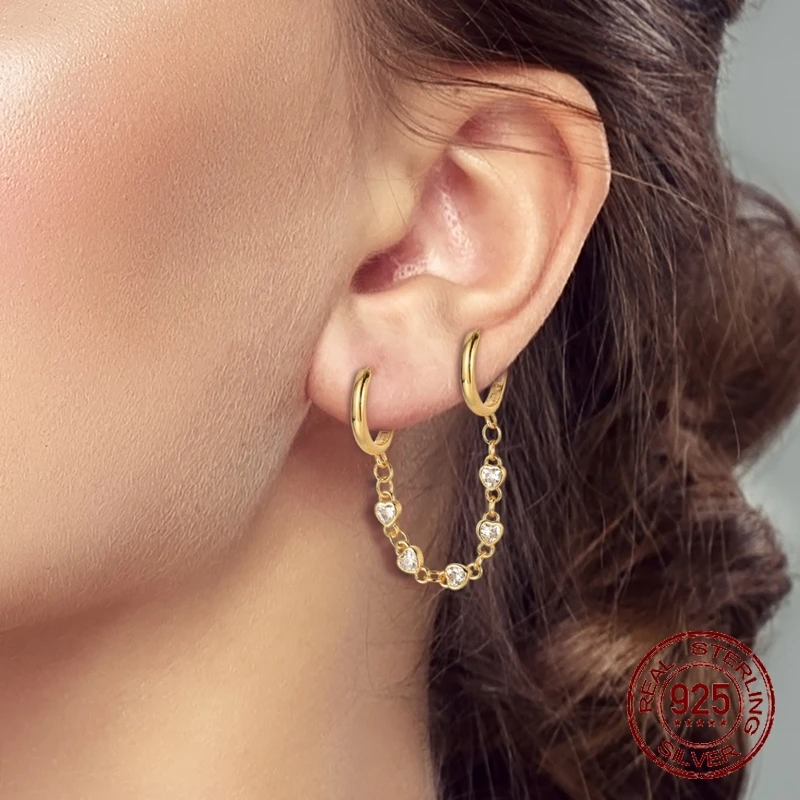 925 فضة الحب سلسلة مزدوجة الأذن حلقة وأقراط للنساء فتاة الأذن ترصيع غرامة مجوهرات الأزياء الفاخرة الذكرى