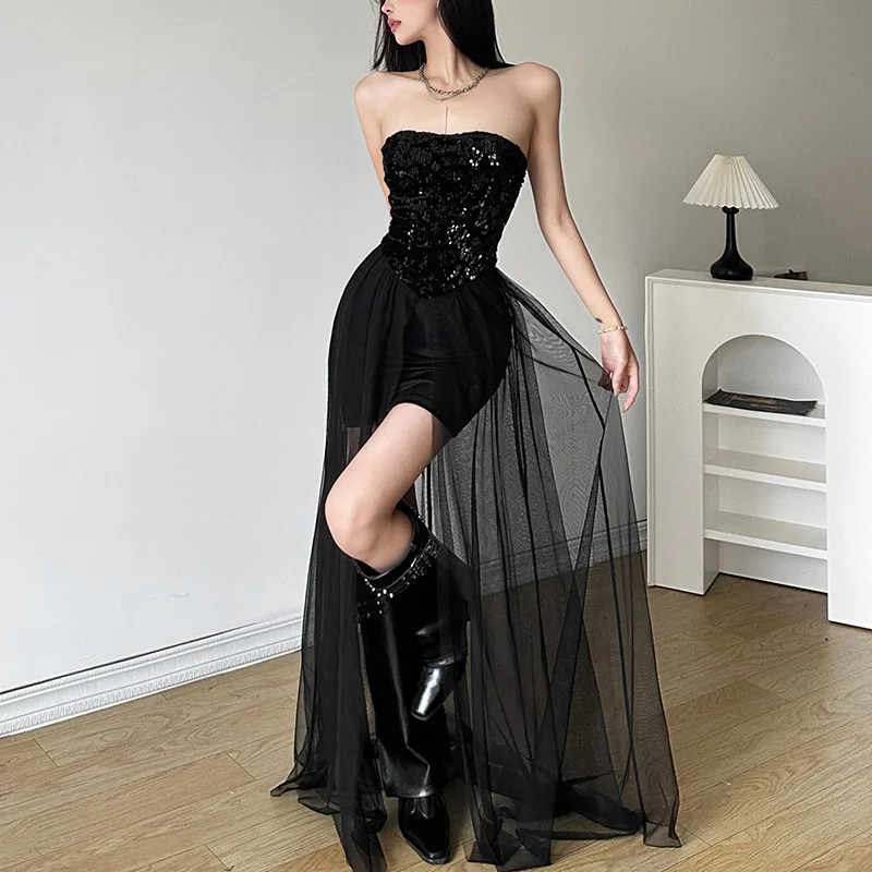 Vestido de tule plissado feminino, envoltório no peito, elegante e misterioso, bonito e maduro, sexy e charmoso, festa de irmãs, preto, inverno, 2022