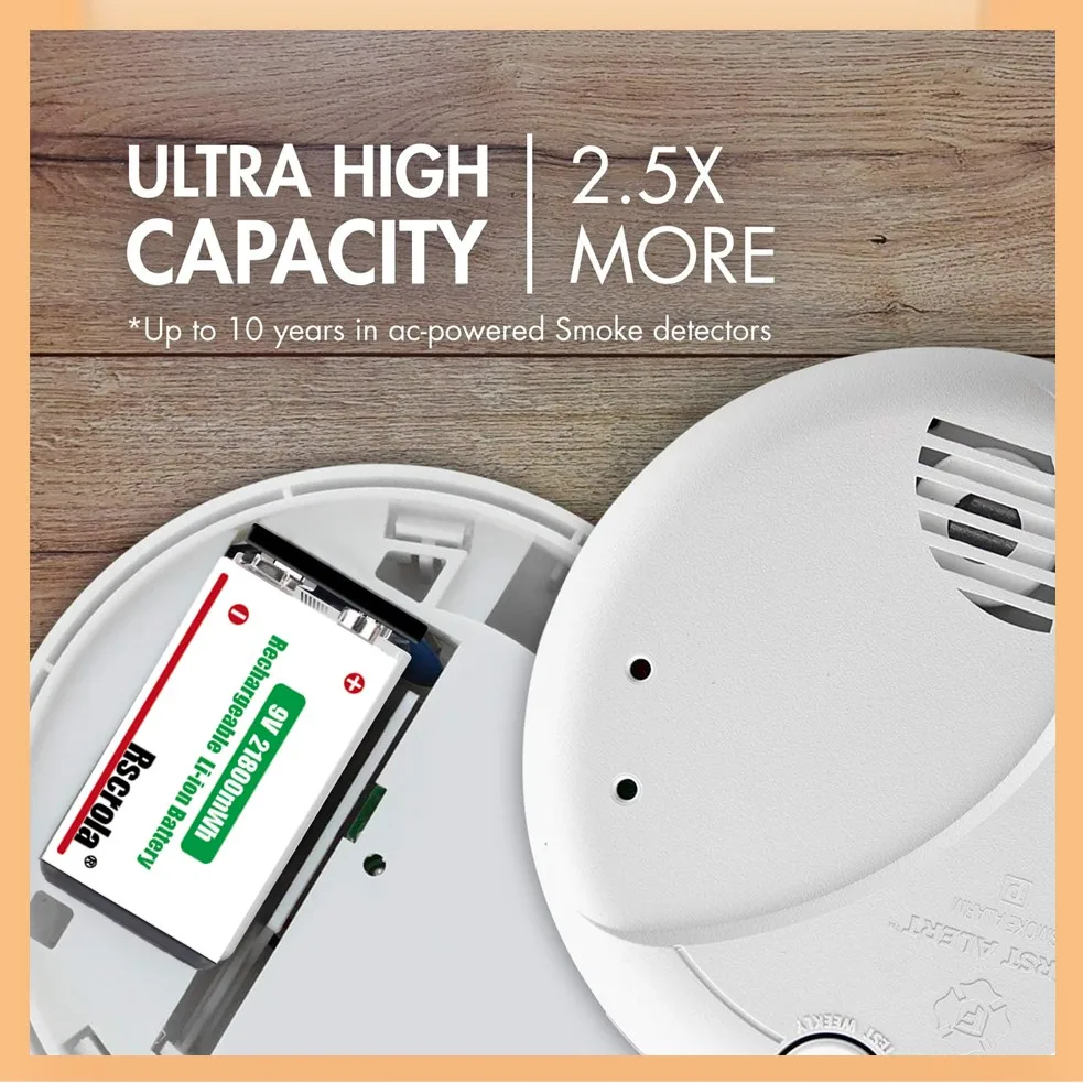 بطارية 9 فولت قابلة لإعادة الشحن، 21800 ميجاوات في الساعة، سعة كبيرة، بطاريات ليثيوم أيون 9 فولت مع كابل من النوع C، لكاشف الدخان، إنذار الحريق