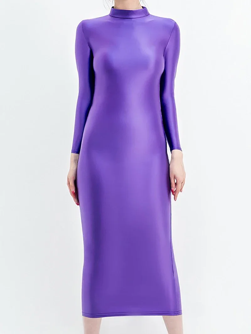 

Women Glossy Shiny Buttocks Sexy Jumpsuit Elastic Silk Smooth Dress High Neck Long Sleeve Dancewear Night Club Party Costume