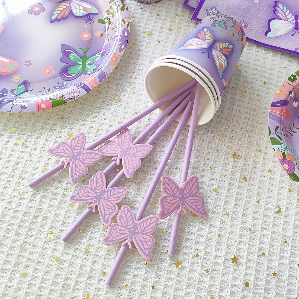 Purple Butterfly Disposable Tableware Baptism Gender Reveal Baby Shower Supplie Banner Paper Plate Butterfly Birthday Party Deco