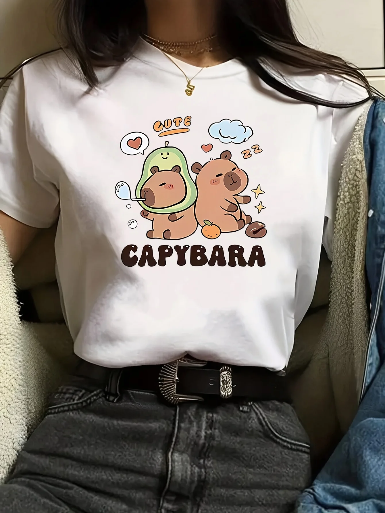 

Women's Capybara Graphic Print T-Shirt Round Neck Short Sleeve Cotton Tees Retro Hip Hop Y2k T-shirt Summer Tops Women Clothing