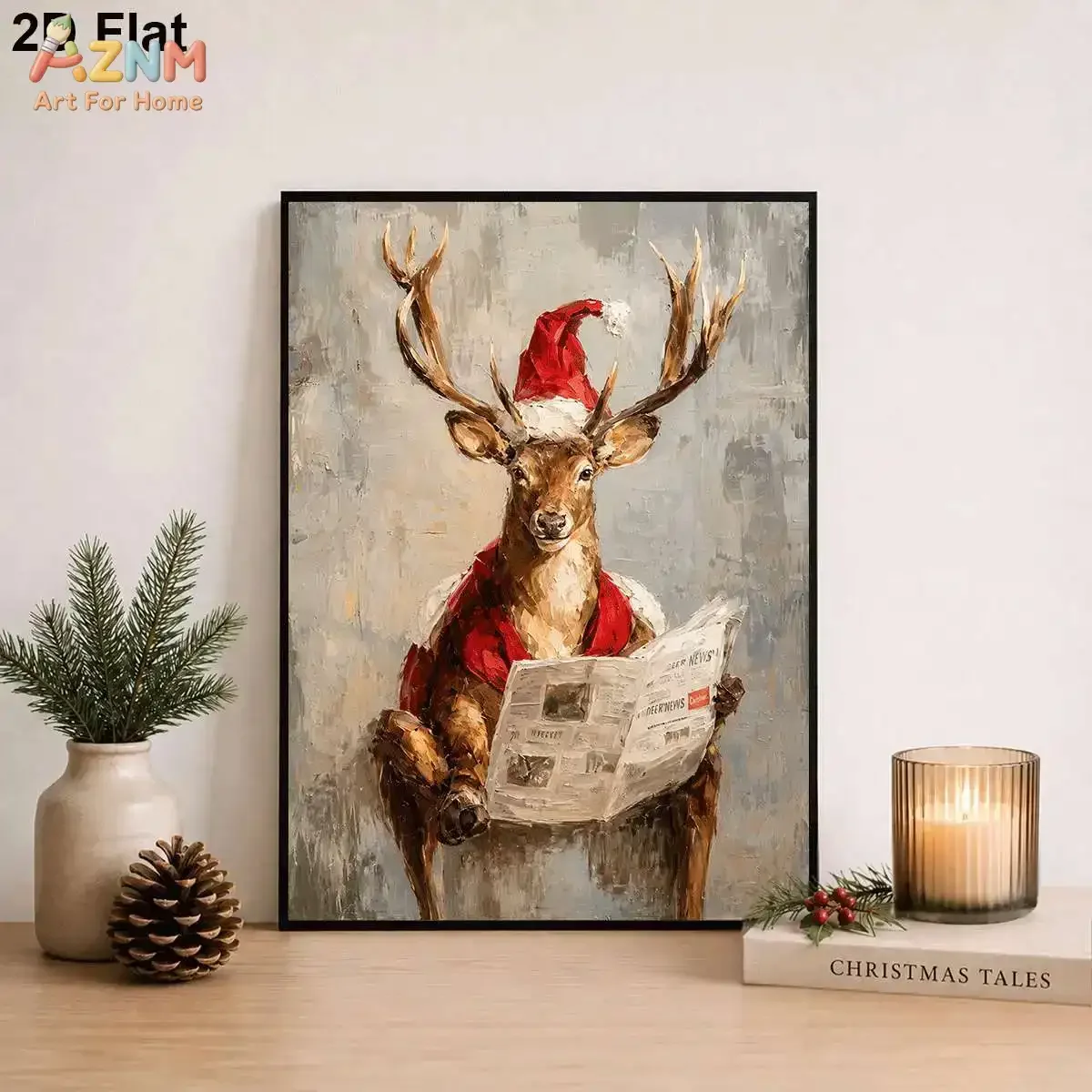 AZNM Christmas Reindeer Canvas Print, Deer Wearing Santa Hat Reading Newspaper Retro Oil Painting Unframed Canvas Painting, Holi