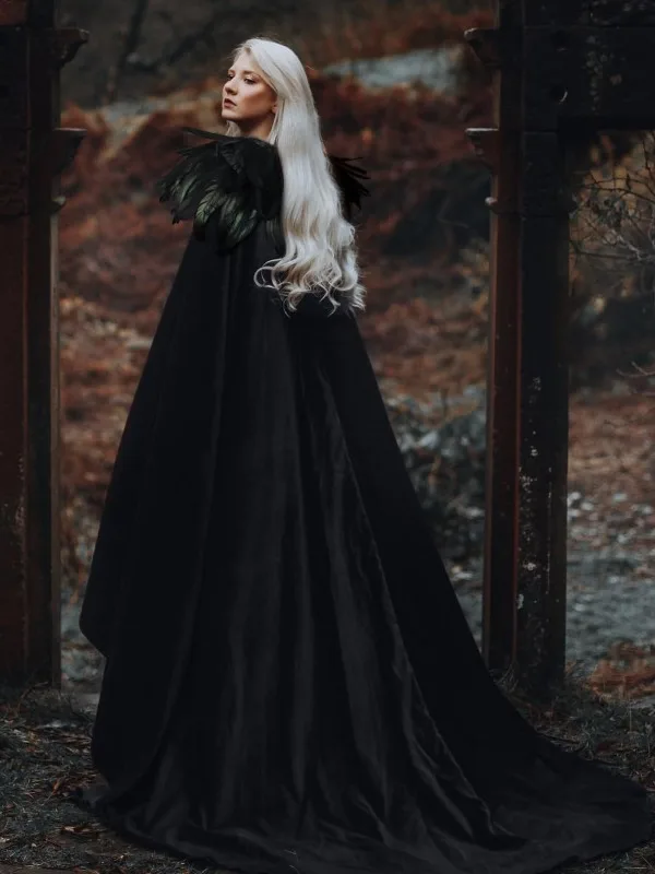 

Средневековый ретро-плащ ведьмы, длинный, из бархата с перьями, для Хэллоуина, сценических выступлений, национальный костюм, женская модная верхняя одежда