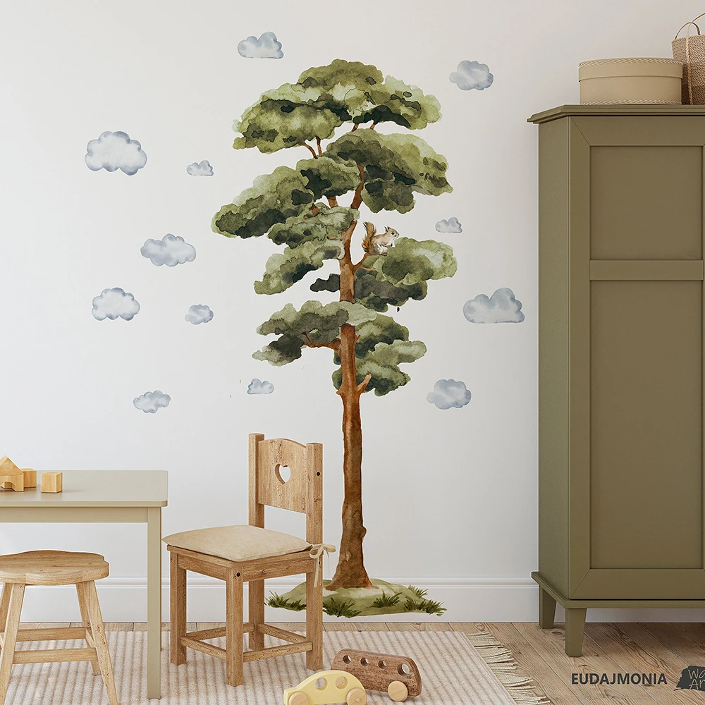 Large Watercolor Woodland Tree Squirrel Cloud Wall Sticker Baby Nursery Kids Room Wildlife Animal Wall Decal Playroom Home Decor