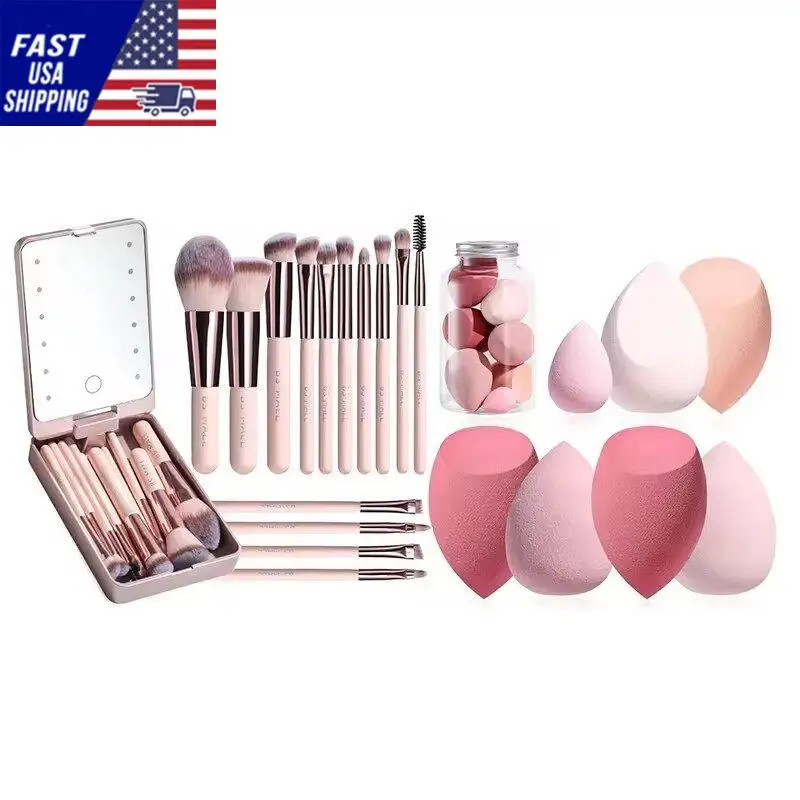 BS-MALL Reise-Make-up-Pinsel-Set, Foundation, Puder, Concealer, Lidschatten, Make-up-Set mit LED-Licht, Spiegel, 14-teilig, Mini-Make-up, Bru