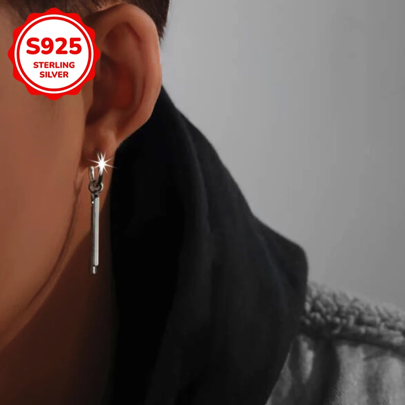 

925 sterling silver rectangular stick double stick earrings are suitable for men to wear as earrings at parties and gatherings