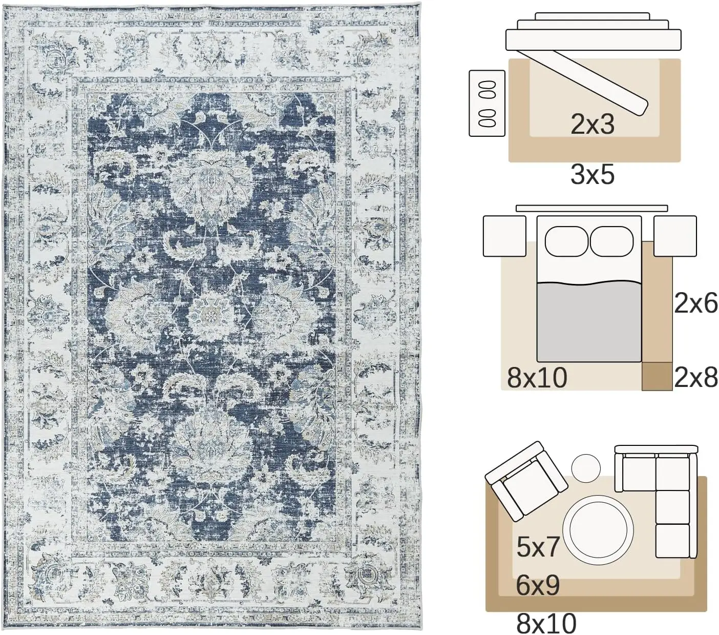 jinchan Living Room Area Rug 10x12 - Low Pile Washable Rug Stain Resistant Vintage Rug Large Boho