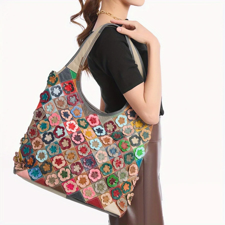 

First layer cowhide new texture flower colored tote women's bag large capacity leather casual shoulder crossbody bag