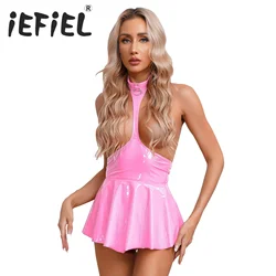 Womens Wetllook Dress Open Chest Halter Ruffled Sexy Dress Patent Leather Sleeveless Backless Exotic Dresses Lingerie Nightwear