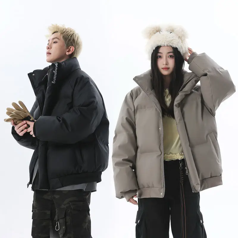 

Winter Thiened Korean Sle Cotton Jaet with PU Leather Embroidery Loose Fit Warm Stand Collar Men's Faionable Couples ...