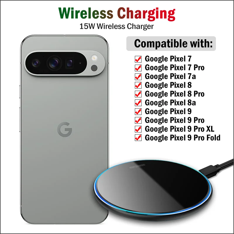 15W Fast Wireless Charger for Google Pixel 7a 8a 6 7 8 9 Pro XL Fold Wireless Charging Qi-compatible Charger with Cable