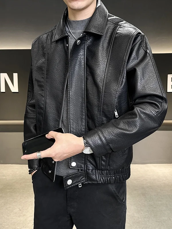 

Casual ort Leather Jaet Men's Sle 2025 Autumn Winter Faion Motorcycle Clothes PU Leather Color Zipper Closure S...