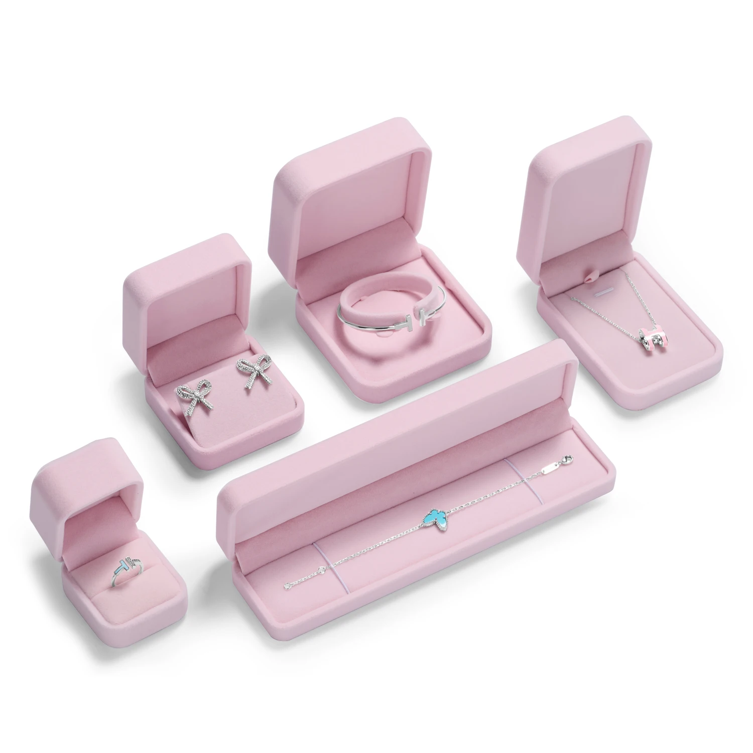 Pink Velvet Jewelry Box Set Jeweler Specialized Cases for Rings, Earrings, Bracelets, Necklaces, Premium Gift Storage Organizer