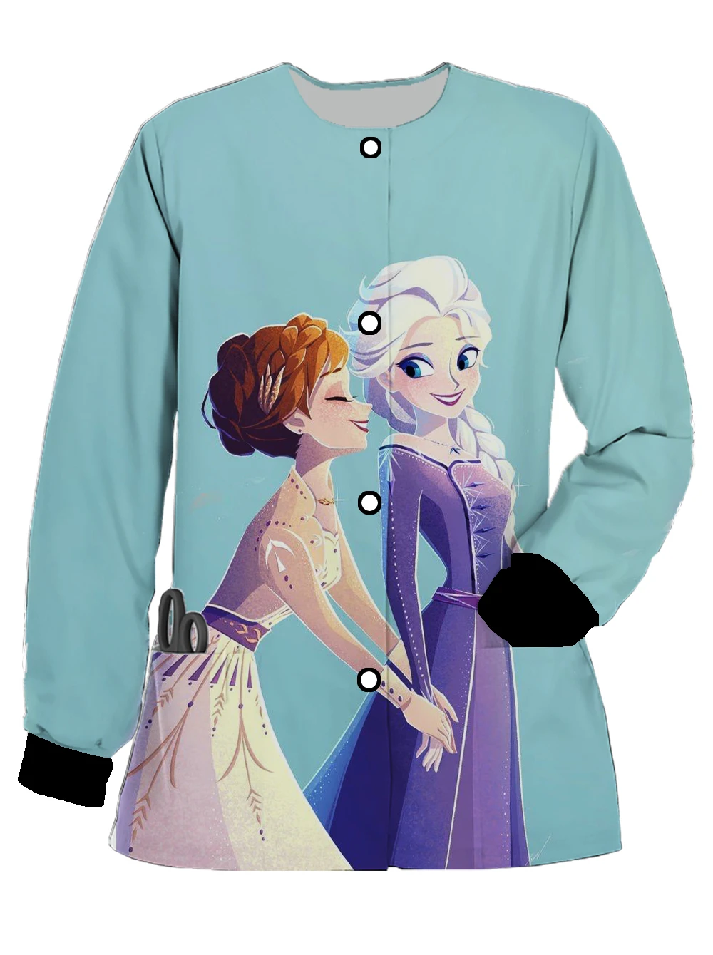 Moda feminina roupas disney princesa elsa impresso manga longa bolso cardigan feminino hospital roupas de trabalho roupas de enfermagem