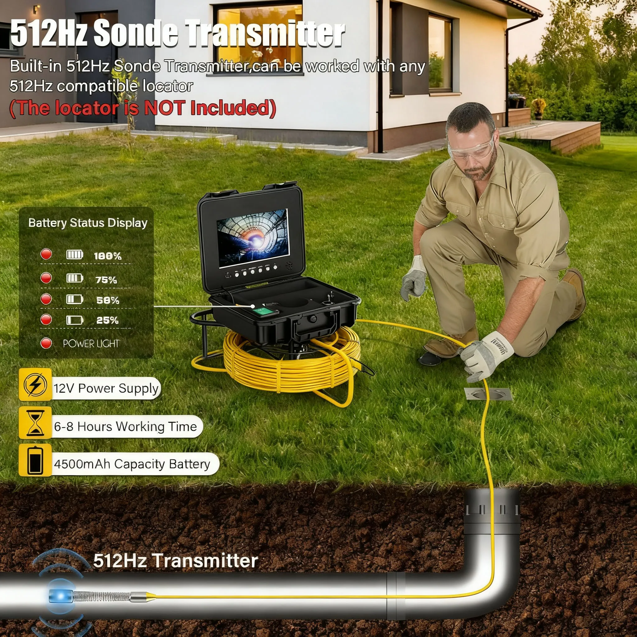 Sewer Inspection Camera - 512Hz Self-Leveling Sewer Camera with 7mm Cable, 1080P Endoscope Camera with 12 LEDs 4500mAH Battery