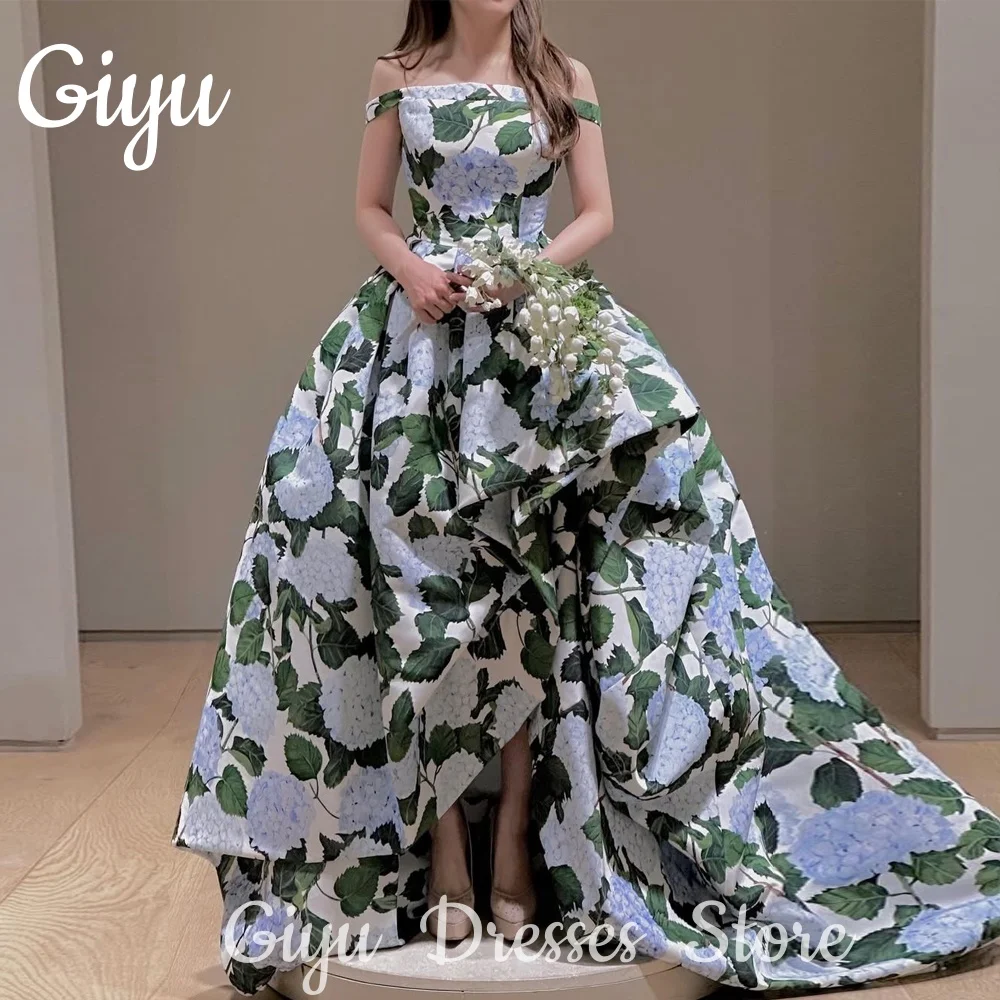 

Giyu Customized Off Shoulder Hydrangea Print Prom Gown A-line Satin High-Low robes de soirée Floor-Length Party Dress Pleat 2025
