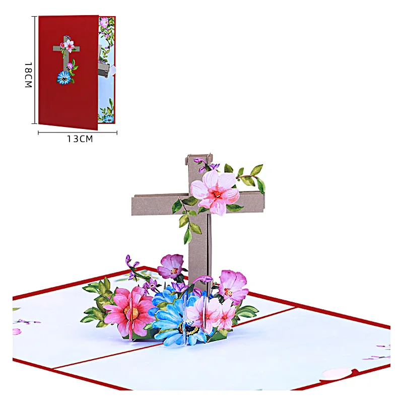 3D Pop Up Easter Card, Religious Cross, Religious Sympathy Card, Condolence Card with Message Note Envelop, Flowers Invitation