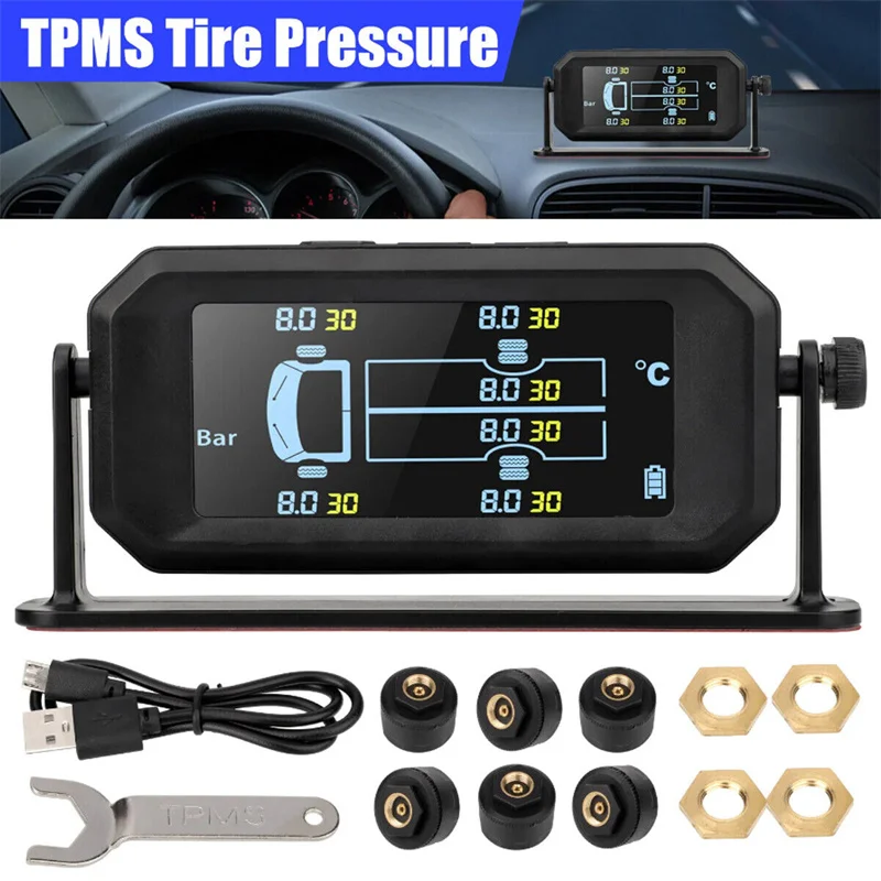 Wireless Car TPMS Tire Pressure Sensors Solar Tire Pressure Monitoring System Temperature Alarm 6 Wheel Tyre External Sensor