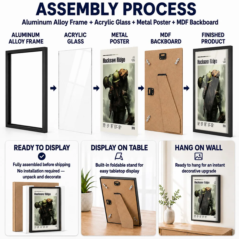 Hacksaw Ridge Movie Framed Metal Poster Personalized Screen Tribute Wall Art Perfect In Entertainment Lounge For Story Lovers