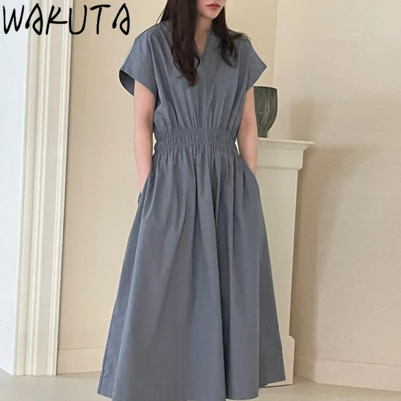 

WAKUTA Flying Sleeve Simple Folds High Waist Maxi Dress Women Summer 2024 Korean Style Elegant Casual Pockets Solid Dresses