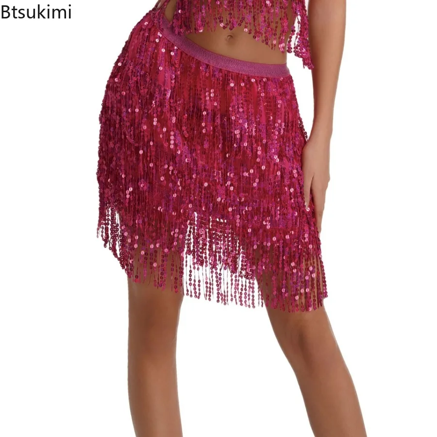 Seksowna spódnica warstwowa do tańca brzucha cekiny łańcuszek frędzle paski krótka spódniczka strój do ćwiczeń tańca latynoamerykańskiego hula kostium sceniczny