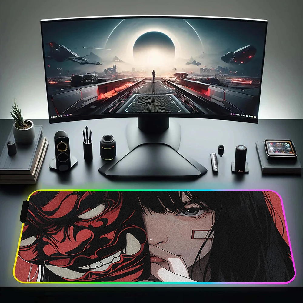 

RGB Mousepad Anime Oni Mask Computer Mouse Mat With Backlit Rubber LED Mouse Pad Gamer HD Print Keyboard Mat Rubber Desk Mat XXL