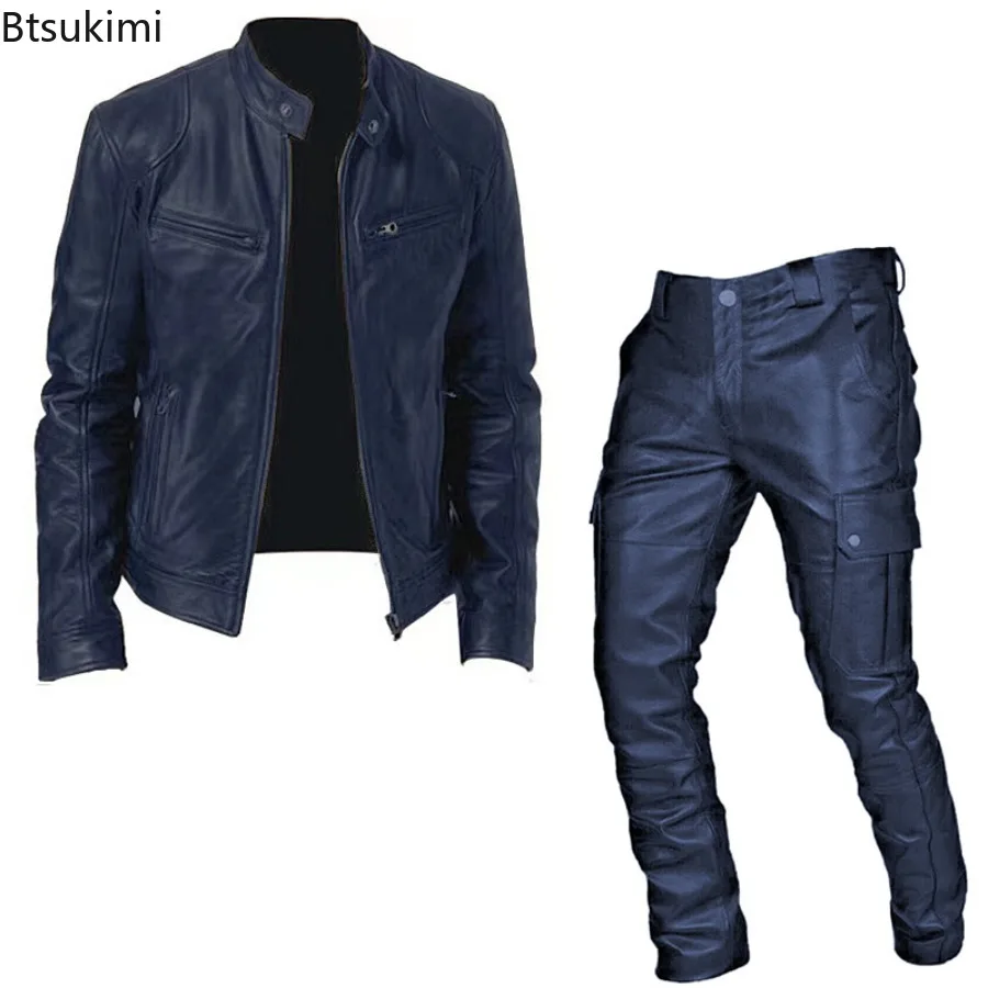 Fashion Motorcycle Leather Clothes Sets Men's Multi-pocket Stand Collar PU Jack… - Image 3