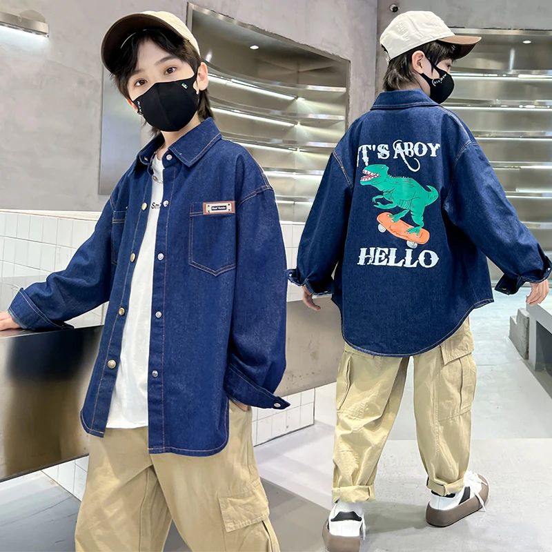 

Boys Denim Shirt Spring Autumn Coat Dinosaur Printed Long-Sleeved Top Fashionable Coat Boutique Kids Clothes Boys Clothes7-12y