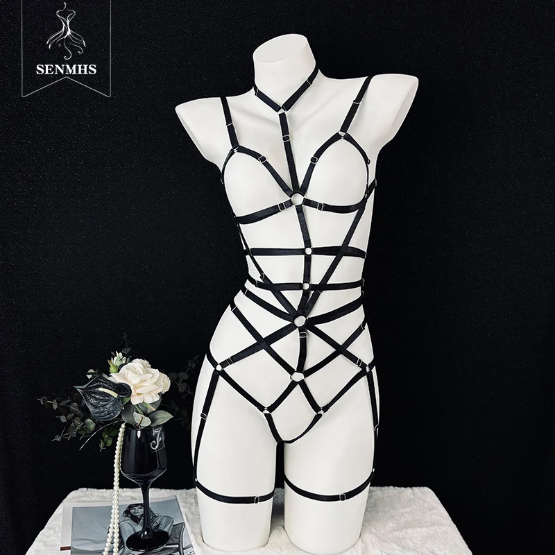 

SENMHS Women's Punk Gothic Bondage Stretch Suspender Bodysuit Halloween Carnival Elastic Belt Hollow out Black Erotic Lingerie