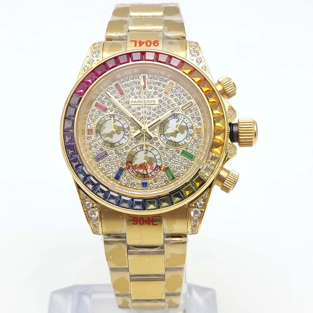 ساعة كوارتز رجالية فاخرة باللون الذهبي بتصميم ماسي وساعة VK63 للرجال بحزام معدني متطابق