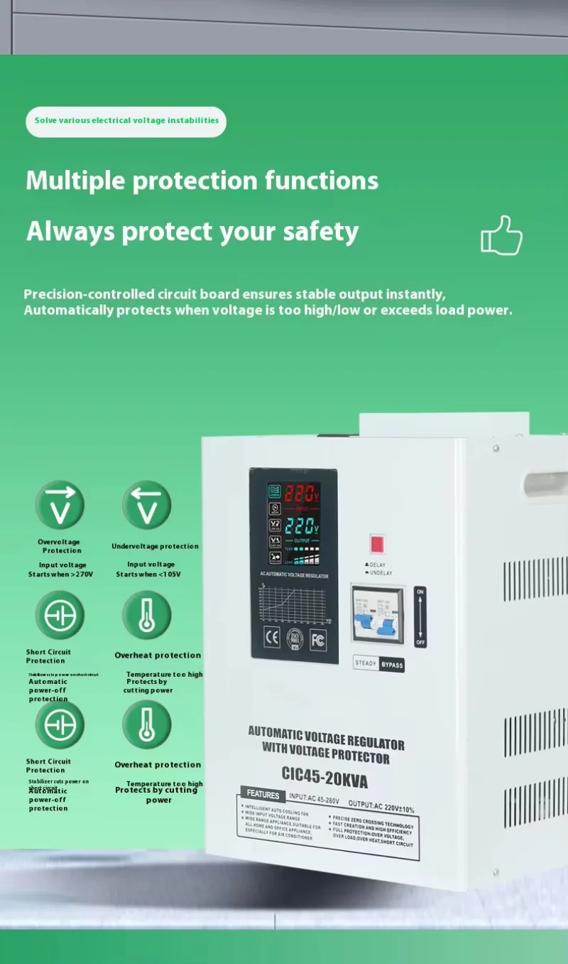 Nuovo ingresso 45-280 V 10 KW monofase 220 V CA Stabilizzatore di tensione automatico da appendere a parete con controllo relè