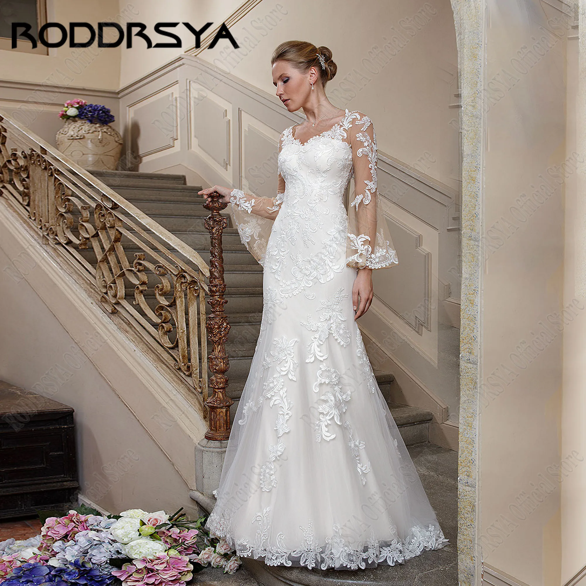 RODDRSYA Personalizado Sereia V-Neck Lace Vestidos De Casamento Flare Mangas Applique Botão Voltar Robe De Mariée Vestidos De Noiva De LuxoRODRSYA Sereia personalizada V-Neck Lace Vestidos de casamento Flare Sleeves Ap