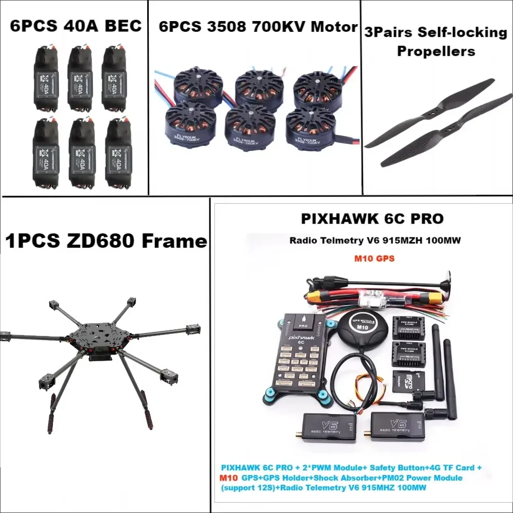 ZD680 6C PRO M10 Kit telaio esacottero con braccio pieghevole hexacottero Hexa-rotore interamente in fibra di carbonio PIXHAWK con carrello di atterraggio infodibile