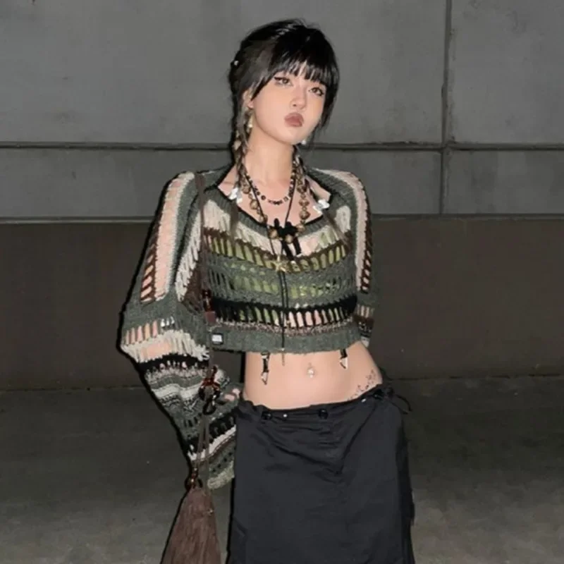 

Street Y2k Pullovers Women Hollow Out Spring Summer Punk Style Vintage Striped Aesthetic Crops American Classic All-match Knit