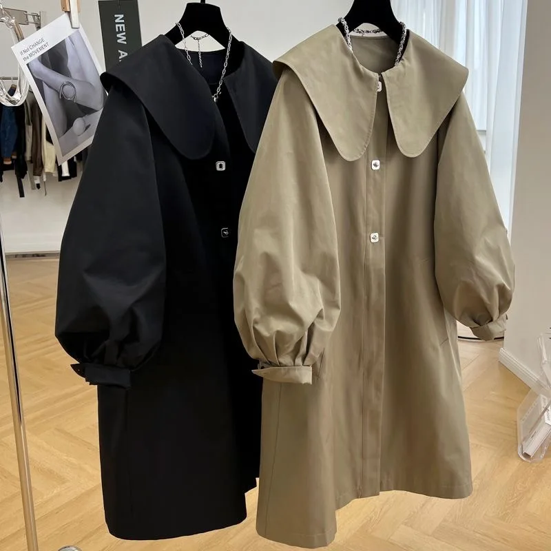 

Trench Girls Autumn New Doll Collar Windbreaker Coat Korean Solid Color Loose Middle Length Fashion Overcoat Button